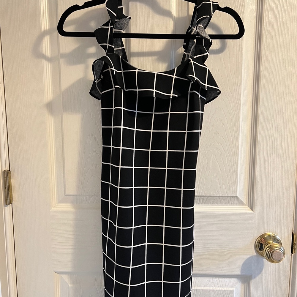 black, white, stripes, ruffle, mini dress, AQUA